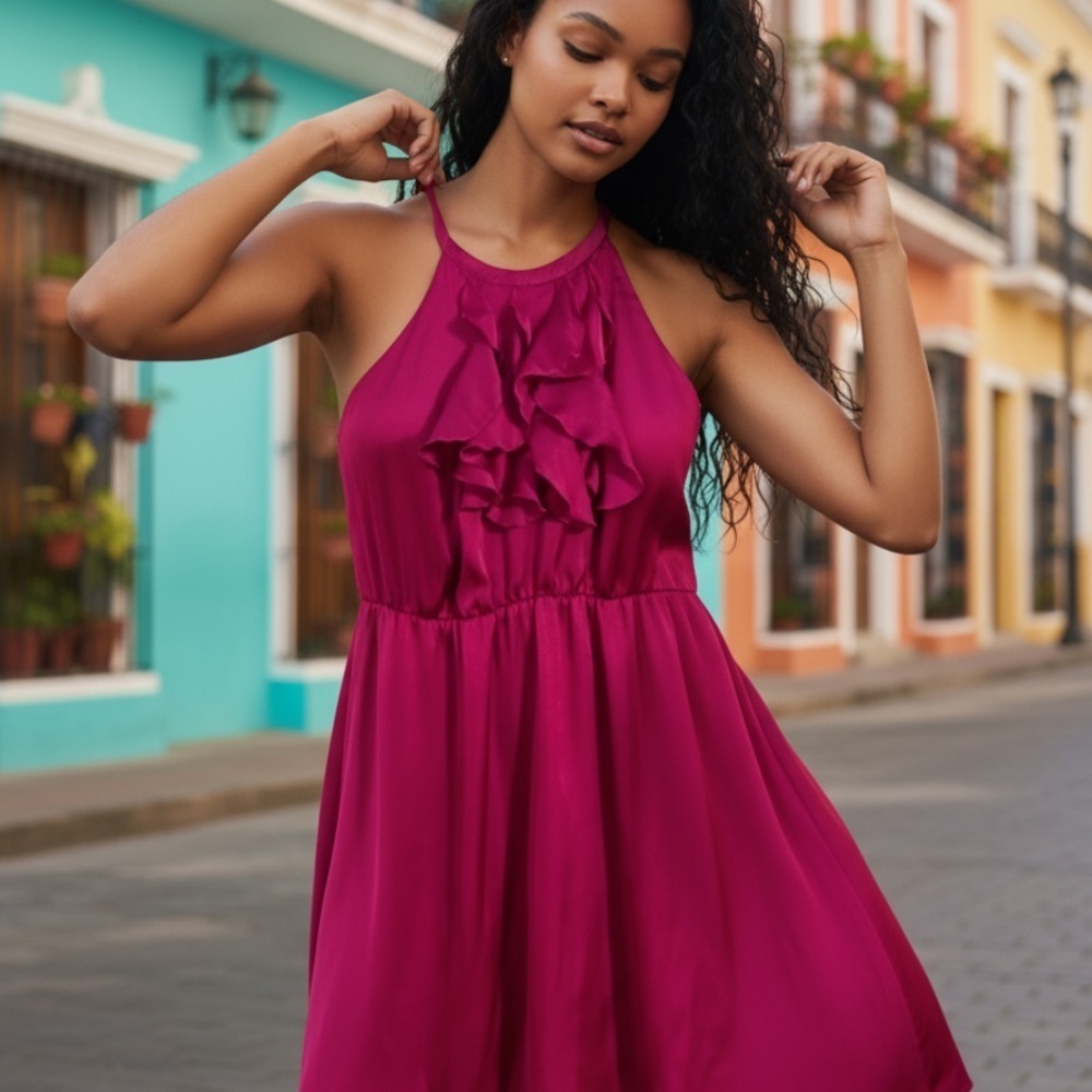 Apt9 magenta pink satin sleeveless ruffle dress 16